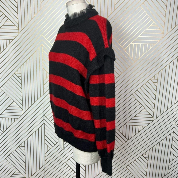 Zara Striped Sweater with Tulle Neck Red Black‎ Size Medium - Picture 4 of 12